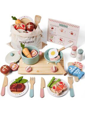 Wooden Play Kitchen Accessories Set - Pretend Toy Pots, Pans & Stove for Kids